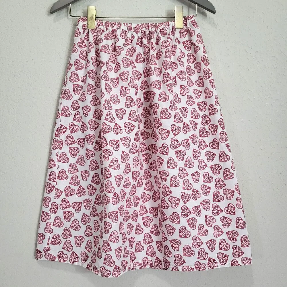 Handmade Skirt Womens XS S Heart Bow Print White Red Valentines Spring Summer